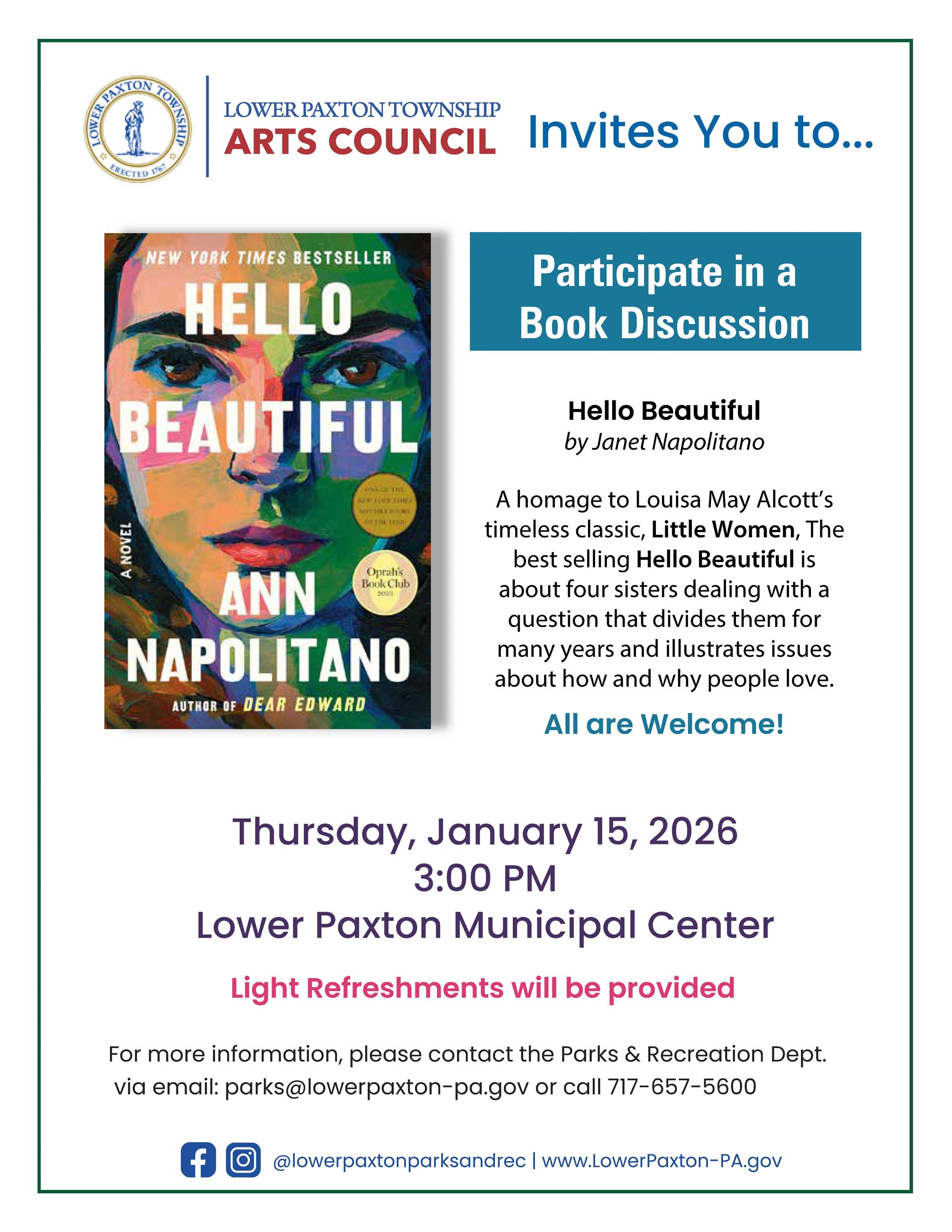 Jan 15 Lower Paxton Arts Council book discussion on Hello Beautiful